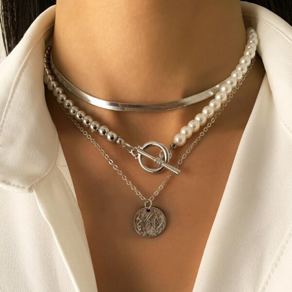 Multilayer Toggle Pendant Pearl Necklace Set Boho Silver Tone